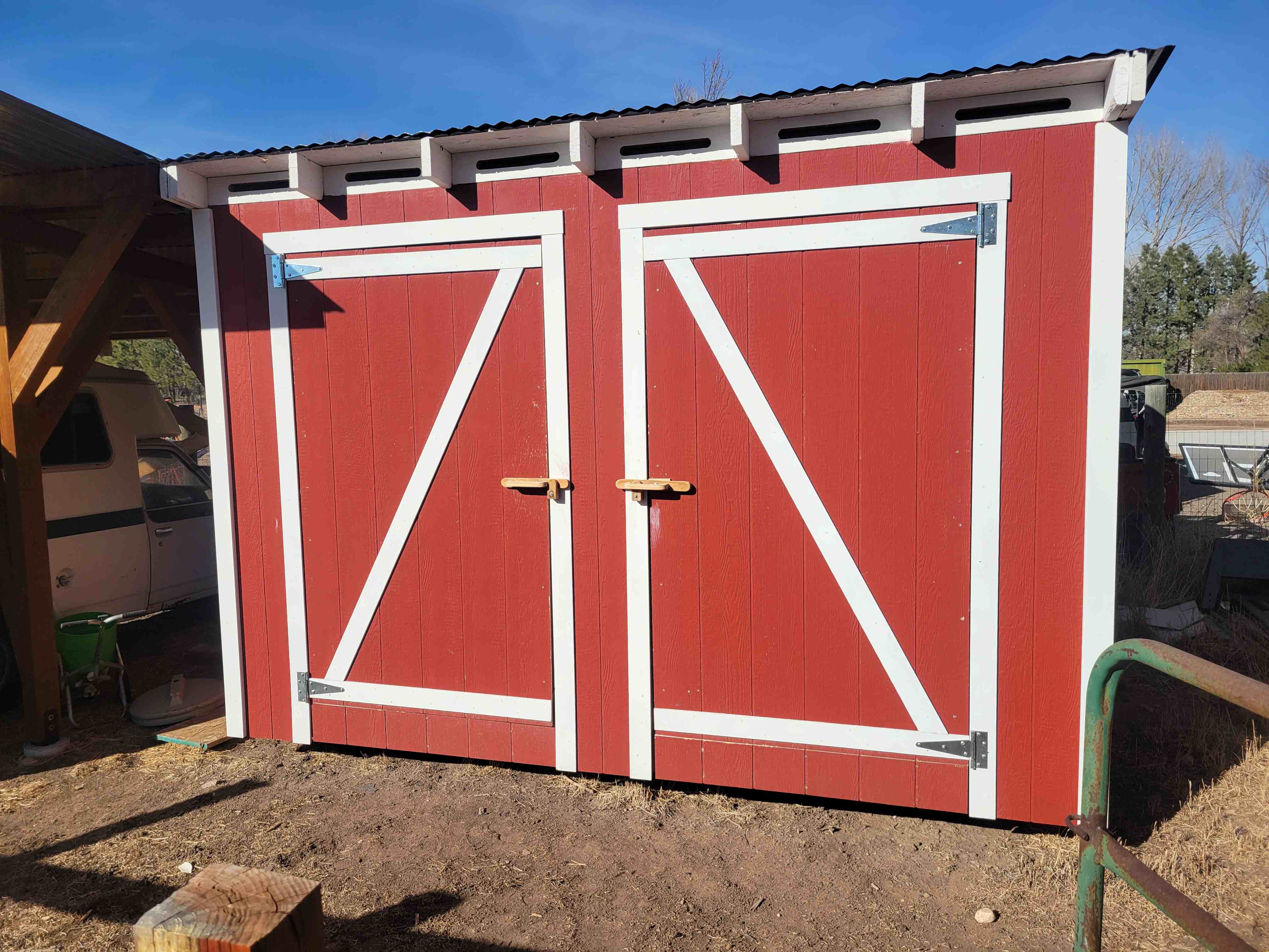 Shed constructed largely from dance floor lumber
